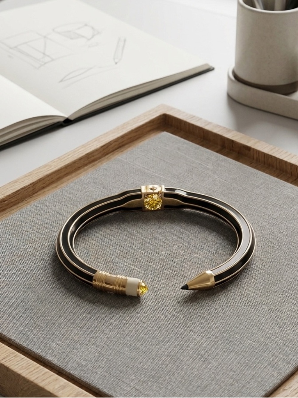 New Plunder Pencil Shaped Elegant Black and Gold Open Cuff Bracelet